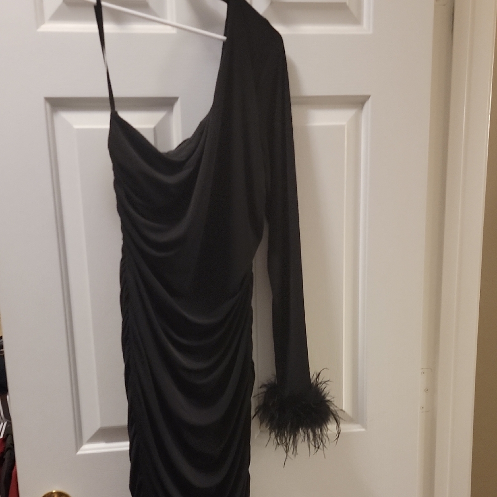 City Studio Black One-Shoulder Dress with Feather Sleeve